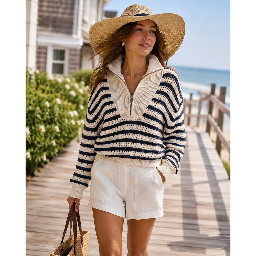 Marine Layer Quarter Zip Sweater Womens L Navy Cream Striped Excellent Coastal